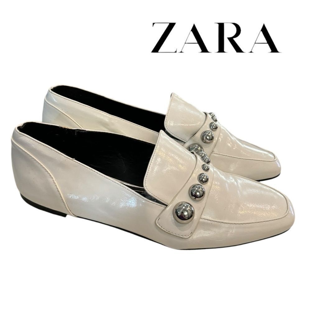 ZARA TRAFALUC White Patent Silver Beaded Flats Loafers 38
